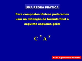 UMA REGRA PRÁTICA

Para compostos iônicos poderemos
usar na obtenção da fórmula final o
     seguinte esquema geral



               x     y
            C A


                         Prof. Agamenon Roberto
 