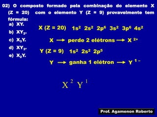 02) O composto formado pela combinação do elemento X
  (Z = 20)   com o elemento Y (Z = 9) provavelmente tem
  fórmula:
  a) XY.
              X (Z = 20)    1s2 2s2 2p6 3s2 3p6 4s2
  b) XY2.
  c) X3Y.         X        perde 2 elétrons      X   2+

  d) XY3.
              Y (Z = 9)    1s2 2s2 2p5
  e) X2Y.
                                                     1–
                  Y        ganha 1 elétron       Y


                           2    1
                      X Y

                                      Prof. Agamenon Roberto
 