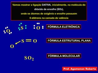 Vamos mostrar a ligação DATIVA, inicialmente, na molécula do
                      dióxido de enxofre (SO2),
          onde os átomos de oxigênio e enxofre possuem
                  6 elétrons na camada de valência


                                 FÓRMULA ELETRÔNICA
          S            O
O

           S        O            FÓRMULA ESTRUTURAL PLANA

    O
                                 FÓRMULA MOLECULAR
               S O2

                                              Prof. Agamenon Roberto
 