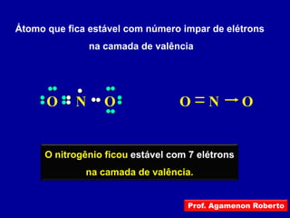Átomo que fica estável com número impar de elétrons
                na camada de valência




      O     N      O               O     N        O


      O nitrogênio ficou estável com 7 elétrons
              na camada de valência.


                                    Prof. Agamenon Roberto
 