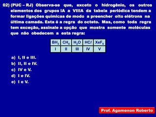 02) (PUC – RJ) Observa-se que, exceto o hidrogênio, os outros
    elementos dos grupos IA a VIIIA da tabela periódica tendem a
    formar ligações químicas de modo a preencher oito elétrons na
    última camada. Esta é a regra do octeto. Mas, como toda regra
    tem exceção, assinale a opção que mostra somente moléculas
    que não obedecem a esta regra:

                     BH3 CH4    H2O   HCl XeF6
                      I    II   III   IV   V

   a) I, II e III.
   b) II, II e IV.
   c) IV e V.
   d) I e IV.
   e) I e V.




                                               Prof. Agamenon Roberto
 