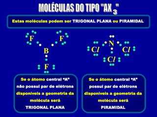 Estas moléculas podem ser TRIGONAL PLANA ou PIRAMIDAL



      F             F
                                        N
             B                   Cl            Cl
                                        Cl
             F
   Se o átomo central “A”       Se o átomo central “A”
 não possui par de elétrons     possui par de elétrons
 disponíveis a geometria da   disponíveis a geometria da
       molécula será                molécula será
     TRIGONAL PLANA                   PIRAMIDAL
 