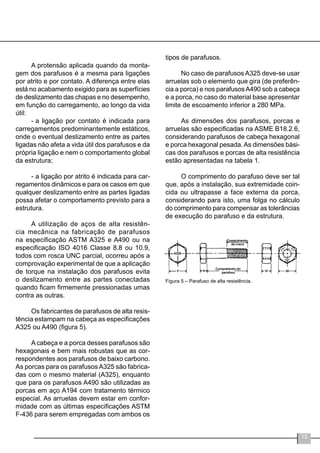 13
A protensão aplicada quando da monta-
gem dos parafusos é a mesma para ligações
por atrito e por contato. A diferença entre elas
está no acabamento exigido para as superfícies
de deslizamento das chapas e no desempenho,
em função do carregamento, ao longo da vida
útil:
-	a ligação por contato é indicada para
carregamentos predominantemente estáticos,
onde o eventual deslizamento entre as partes
ligadas não afeta a vida útil dos parafusos e da
própria ligação e nem o comportamento global
da estrutura;
-	a ligação por atrito é indicada para car-
regamentos dinâmicos e para os casos em que
qualquer deslizamento entre as partes ligadas
possa afetar o comportamento previsto para a
estrutura.
A utilização de aços de alta resistên-
cia mecânica na fabricação de parafusos
na especificação ASTM A325 e A490 ou na
especificação ISO 4016 Classe 8.8 ou 10.9,
todos com rosca UNC parcial, ocorreu após a
comprovação experimental de que a aplicação
de torque na instalação dos parafusos evita
o deslizamento entre as partes conectadas
quando ficam firmemente pressionadas umas
contra as outras.
Os fabricantes de parafusos de alta resis-
tência estampam na cabeça as especificações
A325 ou A490 (figura 5).
Acabeça e a porca desses parafusos são
hexagonais e bem mais robustas que as cor-
respondentes aos parafusos de baixo carbono.
As porcas para os parafusos A325 são fabrica-
das com o mesmo material (A325), enquanto
que para os parafusos A490 são utilizadas as
porcas em aço A194 com tratamento térmico
especial. As arruelas devem estar em confor-
midade com as últimas especificações ASTM
F-436 para serem empregadas com ambos os
tipos de parafusos.
No caso de parafusos A325 deve-se usar
arruelas sob o elemento que gira (de preferên-
cia a porca) e nos parafusosA490 sob a cabeça
e a porca, no caso do material base apresentar
limite de escoamento inferior a 280 MPa.
As dimensões dos parafusos, porcas e
arruelas são especificadas na ASME B18.2.6,
considerando parafusos de cabeça hexagonal
e porca hexagonal pesada.As dimensões bási-
cas dos parafusos e porcas de alta resistência
estão apresentadas na tabela 1.
O comprimento do parafuso deve ser tal
que, após a instalação, sua extremidade coin-
cida ou ultrapasse a face externa da porca,
considerando para isto, uma folga no cálculo
do comprimento para compensar as tolerâncias
de execução do parafuso e da estrutura.
Figura 5 – Parafuso de alta resistência.
 