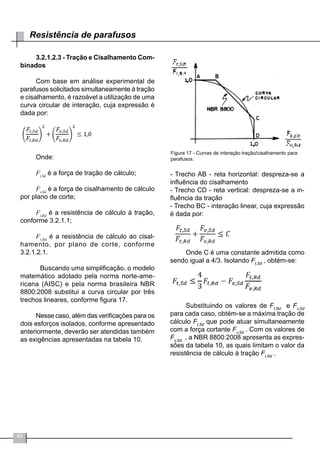 44
Resistência de parafusos
3.2.1.2.3 - Tração e Cisalhamento Com-
binados
Com base em análise experimental de
parafusos solicitados simultaneamente à tração
e cisalhamento, é razoável a utilização de uma
curva circular de interação, cuja expressão é
dada por:
Onde:
Ft,Sd
é a força de tração de cálculo;
Fv,Sd
é a força de cisalhamento de cálculo
por plano de corte;
Ft,Rd
é a resistência de cálculo à tração,
conforme 3.2.1.1;
Fv,Rd
é a resistência de cálculo ao cisal-
hamento, por plano de corte, conforme
3.2.1.2.1.
	 Buscando uma simplificação, o modelo
matemático adotado pela norma norte-ame-
ricana (AISC) e pela norma brasileira NBR
8800:2008 substitui a curva circular por três
trechos lineares, conforme figura 17.
Nesse caso, além das verificações para os
dois esforços isolados, conforme apresentado
anteriormente, deverão ser atendidas também
as exigências apresentadas na tabela 10.
Figura 17 - Curvas de interação tração/cisalhamento para
parafusos.
- Trecho AB - reta horizontal: despreza-se a
influência do cisalhamento
- Trecho CD - reta vertical: despreza-se a in-
fluência da tração
- Trecho BC - interação linear, cuja expressão
é dada por:
Onde C é uma constante admitida como
sendo igual a 4/3. Isolando Ft,Sd
, obtém-se:
Substituindo os valores de Ft,Rd
e Fv,Sd
para cada caso, obtém-se a máxima tração de
cálculo Ft,Sd
que pode atuar simultaneamente
com a força cortante Fv,Sd
. Com os valores de
Fv,Sd
, a NBR 8800:2008 apresenta as expres-
sões da tabela 10, as quais limitam o valor da
resistência de cálculo à tração Ft,Rd
.
 