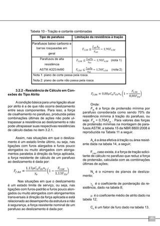 45
Tabela 10 - Tração e cortante combinadas
3.2.2 - Resistência de Cálculo em Con-
exões do Tipo Atrito
Acondição básica para uma ligação atuar
por atrito é a de que não ocorra deslizamento
entre seus componentes. Para isso, a força
de cisalhamento no parafuso, produzida pelas
combinações últimas de ações não pode ul-
trapassar a resistência ao deslizamento e não
pode ultrapassar suas respectivas resistências
de cálculo dadas no item 3.2.1.
Assim, nas situações em que o desliza-
mento é um estado limite último, ou seja, nas
ligações com furos alargados e furos pouco
alongados ou muito alongados com alonga-
mentos paralelos à direção da força aplicada,
a força resistente de cálculo de um parafuso
ao deslizamento é dada por:
	 Nas situações em que o deslizamento
é um estado limite de serviço, ou seja, nas
ligações com furos-padrão e furos pouco alon-
gados ou muito alongados com alongamentos
transversais à direção da força aplicada e está
relacionado ao desempenho da estrutura e não
à segurança, a força resistente nominal de um
parafuso ao deslizamento é dada por:
Onde:
Ftb
é a força de protensão mínima por
parafuso considerada como sendo 70% da
resistência mínima à tração do parafuso, ou
seja: Ftb
= 0,70Ar
fub
. Para valores das forças
de protensão mínimas na montagem de para-
fusos ASTM, a tabela 15 da NBR 8800:2008 é
reproduzida na Tabela 11 a seguir.
Ae
é a área efetiva à tração ou área resist-
ente dada na tabela 14, a seguir;
Ft,Sd
,caso exista, é a força de tração solici-
tante de cálculo no parafuso que reduz a força
de protensão, calculada com as combinações
últimas de ações;
Ns
é o número de planos de desliza-
mento;
γe
é o coeficiente de ponderação da re-
sistência, dado na tabela 8;
µ é o coeficiente médio de atrito dado na
tabela 12;
Ch
é um fator de furo dado na tabela 13.
Parafusos baixo carbono e
 