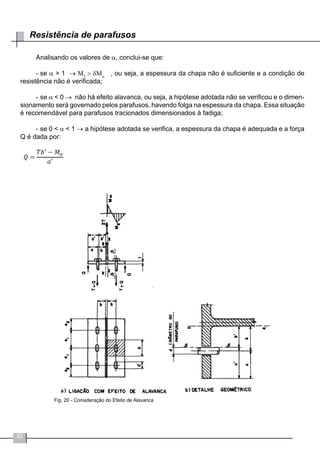 52
Resistência de parafusos
Analisando os valores de α, conclui-se que:
-	se α > 1 → M2
> δMa
, ou seja, a espessura da chapa não é suficiente e a condição de
resistência não é verificada;
-	se α < 0 → não há efeito alavanca, ou seja, a hipótese adotada não se verificou e o dimen-
sionamento será governado pelos parafusos, havendo folga na espessura da chapa. Essa situação
é recomendável para parafusos tracionados dimensionados à fadiga;
-	se 0 < α < 1 → a hipótese adotada se verifica, a espessura da chapa é adequada e a força
Q é dada por:
Fig. 20 - Consideração do Efeito de Alavanca
 
