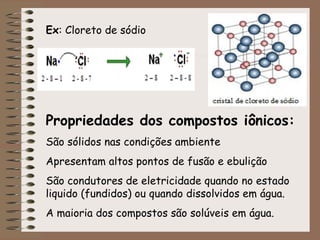Ex : Cloreto de sódio Propriedades dos compostos iônicos: São sólidos nas condições ambiente Apresentam altos pontos de fu...