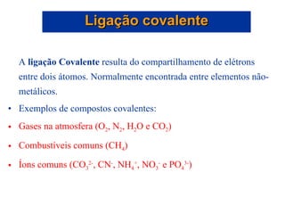 A  ligação Covalente  resulta do compartilhamento de elétrons entre dois átomos. Normalmente encontrada entre elementos não-metálicos. Exemplos de compostos covalentes: Gases na atmosfera (O 2 , N 2 , H 2 O e CO 2 ) Combustíveis comuns (CH 4 ) Íons comuns (CO 3 2- , CN - , NH 4 + , NO 3 -  e PO 4 3- ) Ligação covalente 