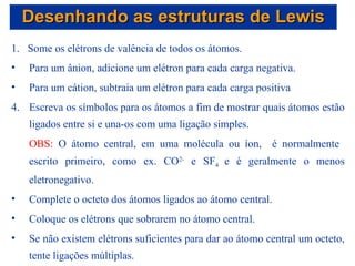 1.  Some os elétrons de valência de todos os átomos.  Para um ânion, adicione um elétron para cada carga negativa. Para um cátion, subtraia um elétron para cada carga positiva Escreva os símbolos para os átomos a fim de mostrar quais átomos estão ligados entre si e una-os com uma ligação simples. OBS:  O átomo central, em uma molécula ou íon,  é normalmente  escrito primeiro, como ex. CO 2-  e SF 4  e é geralmente o menos eletronegativo.  Complete o octeto dos átomos ligados ao átomo central. Coloque os elétrons que sobrarem no átomo central. Se não existem elétrons suficientes para dar ao átomo central um octeto, tente ligações múltiplas. Desenhando as estruturas de Lewis 