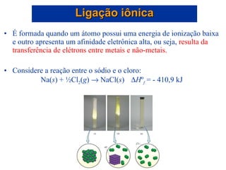 É formada quando um átomo possui uma energia de ionização baixa e outro apresenta um afinidade eletrônica alta, ou seja,  resulta da transferência de elétrons   entre metais e não-metais. Considere a reação entre o sódio e o cloro: Na( s ) + ½Cl 2 ( g )    NaCl( s )  H º f  = - 410,9 kJ Ligação iônica 