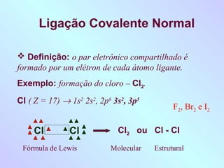 Ligação Covalente Normal

 Definição: o par eletrônico compartilhado é
formado por um elétron de cada átomo ligante.
Exemplo: formação do cloro – Cl2.
Cl ( Z = 17) → 1s2 2s2, 2p6 3s2, 3p5
                                             F2, Br2 e I2

    Cl         Cl            Cl2 ou Cl - Cl

 Fórmula de Lewis          Molecular   Estrutural
 