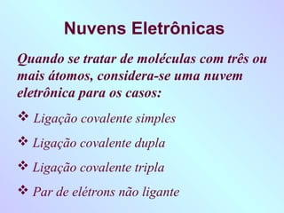 Nuvens Eletrônicas
Quando se tratar de moléculas com três ou
mais átomos, considera-se uma nuvem
eletrônica para os casos:
 Ligação covalente simples
 Ligação covalente dupla
 Ligação covalente tripla
 Par de elétrons não ligante
 