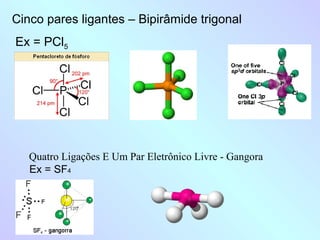 Cinco pares ligantes – Bipirâmide trigonal
Ex = PCl5




   Quatro Ligações E Um Par Eletrônico Livre - Gangora
   Ex = SF4
 