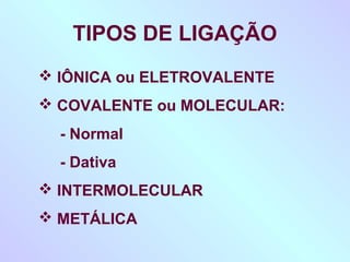 TIPOS DE LIGAÇÃO
 IÔNICA ou ELETROVALENTE
 COVALENTE ou MOLECULAR:
  - Normal
  - Dativa
 INTERMOLECULAR
 METÁLICA
 