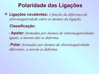 Polaridade das Ligações
 Ligações covalentes: é função da diferença de
  eletronegatividade entre os átomos da ligação.
   Classificação:
  - Apolar: formadas por átomos de eletronegatividades
   iguais, a nuvem não se deforma.
  - Polar: formadas por átomos de eletronegatividade
   diferentes, a nuvem se deforma.
 