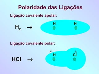Polaridade das Ligações
Ligação covalente apolar:

                          H   H
  H2    →

Ligação covalente polar:

                     δ+        δ-
                          H   Cl
HCl      →
 