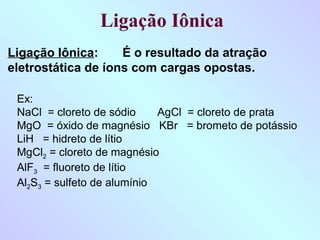 Ligação Iônica
Ligação Iônica:     É o resultado da atração
eletrostática de íons com cargas opostas.

 Ex:
 NaCl = cloreto de sódio     AgCl = cloreto de prata
 MgO = óxido de magnésio KBr = brometo de potássio
 LiH = hidreto de lítio
 MgCl2 = cloreto de magnésio
 AlF3 = fluoreto de lítio
 Al2S3 = sulfeto de alumínio
 