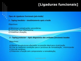 Hugo Pedrosa 2009 [Ligaduras funcionais] 1 - Taping imediato – Imediatamente após a lesão Objectivos:  a) Minimizar complicações secundárias; b) Controlar fase inflamatória; c) Estabilizar situação; 2 - Taping protector – Após diagnóstico das unidades funcionais lesadas Objectivos:  a) Manter as estruturas afectadas na posição ideal para cicatrização b) Criar as melhores condições para o processo de remodelação,  minimizando  o risco de recidivas; c) Potenciar a função sem comprometer a remodelação;  Tipos de Ligaduras Funcionais (pós-lesão) 
