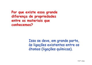 Por que existe essa grandePor que existe essa grande
diferença de propriedadesdiferença de propriedades
entre os materiais queentre os materiais que
conhecemos?conhecemos?
Isso se deve, em grande parte,Isso se deve, em grande parte,
às ligações existentes entre osàs ligações existentes entre os
átomos (ligações químicas).átomos (ligações químicas).
Profª.: Joana
 