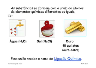 As substâncias se formam com a união de átomos
de elementos químicos diferentes ou iguais.
Ex.:
Água (H2O) Sal (NaCl) Ouro
18 quilates
(ouro–cobre)
Essa união recebe o nome de Ligação Química.
Profª.: JoanaFiguras: www.google.com.br
 