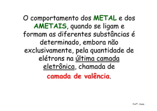 O comportamento dos METAL e dos
AMETAIS, quando se ligam e
formam as diferentes substâncias é
determinado, embora não
exclusivamente, pela quantidade de
elétrons na última camada
eletrônica, chamada de
camada de valência.
Profª.: Joana
 