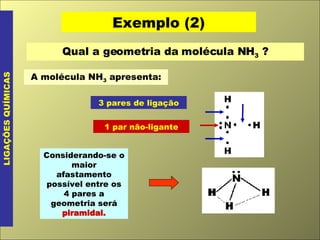 Exemplo (2) LIGAÇÕES QUÍMICAS Qual a geometria da molécula NH 3  ? A molécula NH 3  apresenta: 3 pares de ligação 1 par não-ligante Considerando-se o maior afastamento possível entre os 4 pares a geometria será  piramidal. 