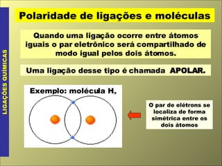 Polaridade de ligações e moléculas LIGAÇÕES QUÍMICAS Quando uma ligação ocorre entre átomos iguais o par eletrônico será compartilhado de modo igual pelos dois átomos. Uma ligação desse tipo é chamada  APOLAR. Exemplo: molécula H 2 O par de elétrons se localiza de forma simétrica entre os dois átomos 