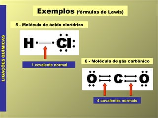 Exemplos   (fórmulas de Lewis) LIGAÇÕES QUÍMICAS 5 - Molécula de ácido clorídrico 1 covalente normal 6 - Molécula de gás carbônico 4 covalentes normais 