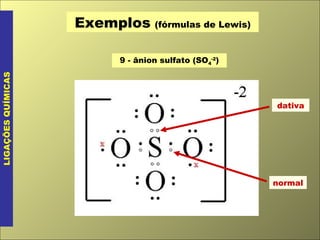 Exemplos   (fórmulas de Lewis) LIGAÇÕES QUÍMICAS 9 - ânion sulfato (SO 4 -2 ) dativa normal 