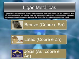 Ligas Metálicas
Bronze (Cobre e Sn)
Latão (Cobre e Zn)
Joias (Au, cobre e
Ag)
Liga metálica é a mistura de dois ou mais el...