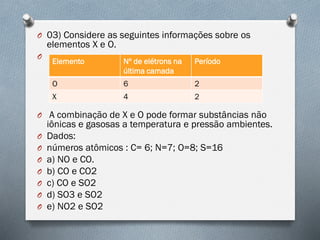O 03) Considere as seguintes informações sobre os
elementos X e O.
O
O A combinação de X e O pode formar substâncias não
iônicas e gasosas a temperatura e pressão ambientes.
O Dados:
O números atômicos : C= 6; N=7; O=8; S=16
O a) NO e CO.
O b) CO e CO2
O c) CO e SO2
O d) SO3 e SO2
O e) NO2 e SO2
Elemento Nº de elétrons na
última camada
Período
O 6 2
X 4 2
 