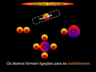 Ligações Químicas


                     H


      H   H                    H    Cl
                    H

                H   C    H

                    H
Os átomos formam ligações para se estabilizarem.
 