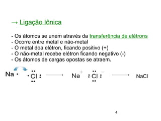 4
→ Ligação Iônica
- Os átomos se unem através da transferência de elétrons
- Ocorre entre metal e não-metal
- O metal doa...