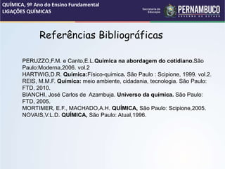 Referências Bibliográficas
PERUZZO,F.M. e Canto,E.L.Química na abordagem do cotidiano.São
Paulo:Moderna,2006. vol.2
HARTWIG,D.R. Química:Físico-quimica. São Paulo : Scipione, 1999. vol.2.
REIS, M.M.F. Química: meio ambiente, cidadania, tecnologia. São Paulo:
FTD, 2010.
BIANCHI, José Carlos de Azambuja. Universo da química. São Paulo:
FTD, 2005.
MORTIMER, E.F., MACHADO,A.H. QUÍMICA, São Paulo: Scipione,2005.
NOVAIS,V.L.D. QUÍMICA, São Paulo: Atual,1996.
QUÍMICA, 9º Ano do Ensino Fundamental
LIGAÇÕES QUÍMICAS
 