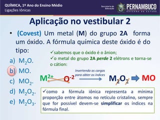 • (Covest) Um metal (M) do grupo 2A forma
um óxido. A fórmula química deste óxido é do
tipo:
a) M2O.
b) MO.
c) MO2.
d) M2O2.
e) M2O3.
Aplicação no vestibular 2
sabemos que o óxido é o ânion;
o metal do grupo 2A perde 2 elétrons e torna-se
o cátion:
M2+
O-2 M2O2
Invertendo as cargas
para obter os índices
como a fórmula iônica representa a mínima
proporção entre átomos no retículo cristalino, sempre
que for possível devem-se simplificar os índices na
fórmula final.
MO
QUÍMICA, 1º Ano do Ensino Médio
Ligações Iônicas
 