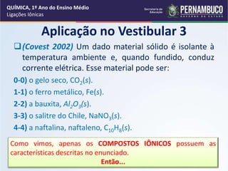 Aplicação no Vestibular 3
(Covest 2002) Um dado material sólido é isolante à
temperatura ambiente e, quando fundido, conduz
corrente elétrica. Esse material pode ser:
0-0) o gelo seco, CO2(s).
1-1) o ferro metálico, Fe(s).
2-2) a bauxita, Al2O3(s).
3-3) o salitre do Chile, NaNO3(s).
4-4) a naftalina, naftaleno, C10H8(s).
Como vimos, apenas os COMPOSTOS IÔNICOS possuem as
características descritas no enunciado.
Então...
QUÍMICA, 1º Ano do Ensino Médio
Ligações Iônicas
 
