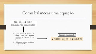 Como balancear uma equação
4. Agora temos 2 átomos de
sódio (Na) no segundo
membro e apenas 1 no
primeiro.
5. Colocamos então o coeficiente
2 na frente do Na.
Equação balanceada
 