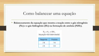 Como balancear uma equação
• Balanceamento da equação que mostra a reação entre o gás nitrogênio
(N2) e o gás hidrogênio (H2) na formação de amônia (NH3).
 