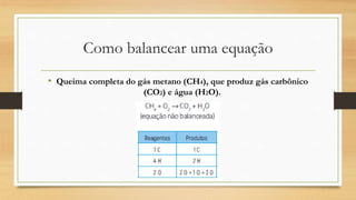 Como balancear uma equação
• Queima completa do gás metano (CH4), que produz gás carbônico
(CO2) e água (H2O).
 