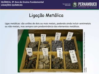 Ligação Metálica
Ligas metálicas: são uniões de dois ou mais metais, podendo ainda incluir semimetais
ou não-metais, mas sempre com predominância dos elementos metálicos.
QUÍMICA, 9º Ano do Ensino Fundamental
LIGAÇÕES QUÍMICAS
Imagem:
Brake
shoe
materials/
100yen/
GNU
Free
Documentation
License
 