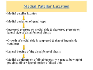 Medial Patellar Luxation
• Medial patellar luxation
• Medial deviation of quadriceps
• Increased pressure on medial side & decreased pressure on
lateral side of distal femoral physis
• Growth of medial side is suppresed & that of lateral side
continues
• Lateral bowing of the distal femoral physis
• Medial displacement of tibial tuberosity + medial bowing of
proximal tibia + lateral torsion of distal tibia
 