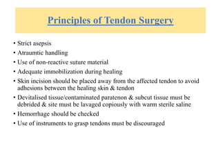 Principles of Tendon Surgery
• Strict asepsis
• Atraumtic handling
• Use of non-reactive suture material
• Adequate immobilization during healing
• Skin incision should be placed away from the affected tendon to avoid
adhesions between the healing skin & tendon
• Devitalised tissue/contaminated paratenon & subcut tissue must be
debrided & site must be lavaged copiously with warm sterile saline
• Hemorrhage should be checked
• Use of instruments to grasp tendons must be discouraged
 