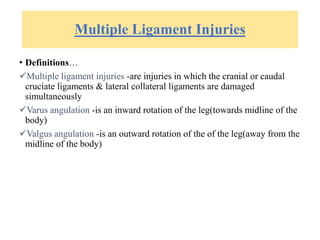 Multiple Ligament Injuries
• Definitions…
Multiple ligament injuries -are injuries in which the cranial or caudal
cruciate ligaments & lateral collateral ligaments are damaged
simultaneously
Varus angulation -is an inward rotation of the leg(towards midline of the
body)
Valgus angulation -is an outward rotation of the of the leg(away from the
midline of the body)
 