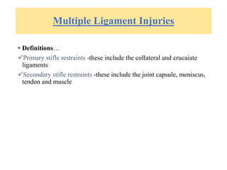 Multiple Ligament Injuries
• Definitions…
Primary stifle restraints -these include the collateral and crucaiate
ligaments
Secondary stifle restraints -these include the joint capsule, meniscus,
tendon and muscle
 