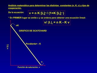 Análisis matemático para determinar las distintas  constantes (n, K, c) y tipo de cooperación. De la ecuación: v = n K [L] i c  / (1+K [L] i c  ) * En PRIMER lugar se omite c y se ordena para obtener una ecuación lineal: v/  [L] i  = n K - K v GRÁFICO DE SCATCHARD Pendiente= - K n nK Función de saturación, v v/ [L] i 