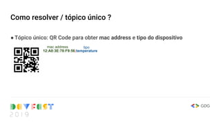 Como resolver / tópico único ?
●Tópico único: QR Code para obter mac address e tipo do dispositivo
12:A0:3E:78:F9:56;temperature
mac address tipo
 