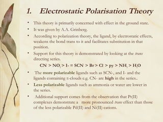 1. Electrostatic Polarisation Theory
• This theory is primarily concerned with effect in the ground state.
• It was given by A.A. Grinberg.
• According to polarization theory, the ligand, by electrostatic effects,
weakens the bond trans to it and facilitates substitution in that
position.
• Support for this theory is demonstrated by looking at the trans
directing series.
CN-
> NO2
-
> I- = SCN-
> Br-
> Cl-
> py > NH3 > H2O
• The more polarizable ligands such as SCN-, and I- and the
ligands containing π-clouds e.g. CN- are high in the series..
• Less polarizable ligands such as ammonia or water are lower in
the series.
• Additional support comes from the observation that Pt(II)
complexes demonstrate a more pronounced trans effect than those
of the less polarizable Pd(II) and Ni(II) cations.
 