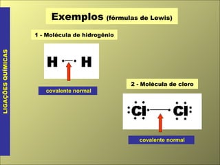Exemplos   (fórmulas de Lewis) LIGAÇÕES QUÍMICAS 1 - Molécula de hidrogênio covalente normal 2 - Molécula de cloro covalente normal 