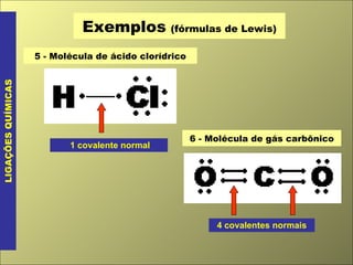 Exemplos   (fórmulas de Lewis) LIGAÇÕES QUÍMICAS 5 - Molécula de ácido clorídrico 1 covalente normal 6 - Molécula de gás carbônico 4 covalentes normais 