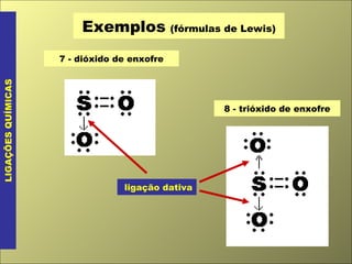 Exemplos   (fórmulas de Lewis) LIGAÇÕES QUÍMICAS 8 - trióxido de enxofre 7 - dióxido de enxofre ligação dativa 